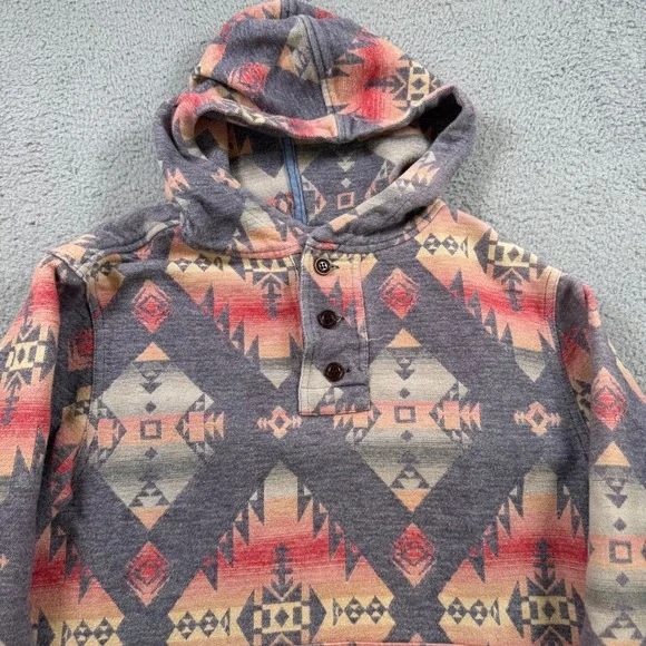 Faherty Mens Southwestern Aztec Print Cotton Henley Hoodie Gray Red Small - Picture 2 of 8